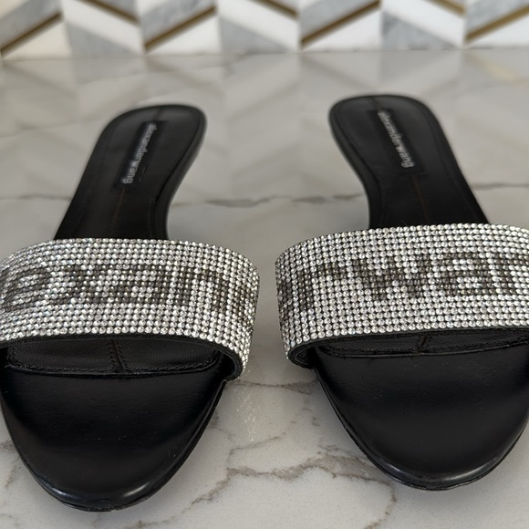 Alexander Wang Black Jo Crystal Logo Slide Silver Sandals Kitten Heel Size 36/ 6 - Picture 3 of 16